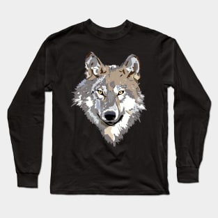 Cute Wolf Illustrated Animal Face Long Sleeve T-Shirt